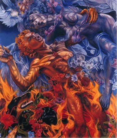 Mythological figures in flame and eggplant tones, rendered in oil with baroque drama and movement.