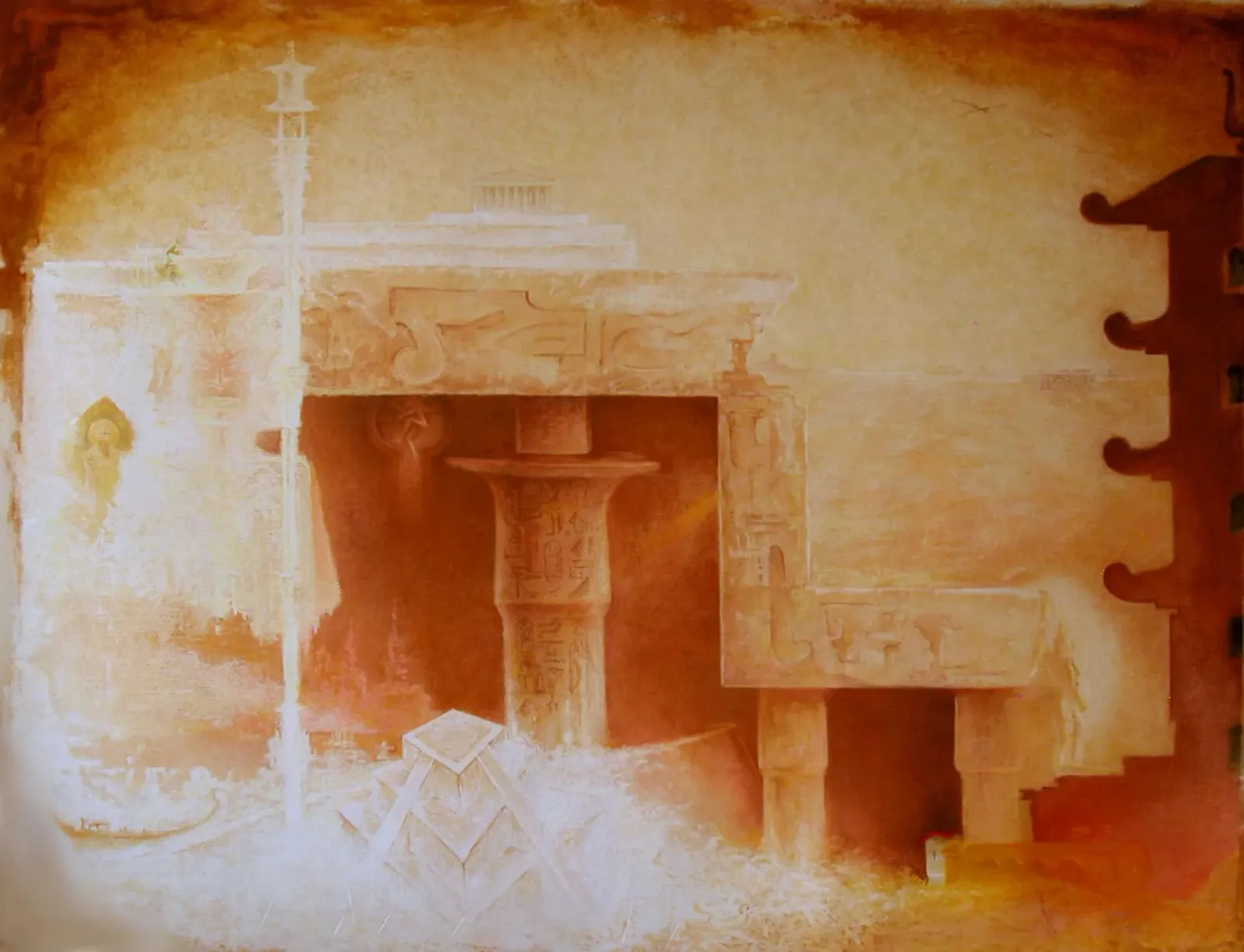 Abstract architectural composition in warm redwood and rust tones with layered geometric forms and textural surface.