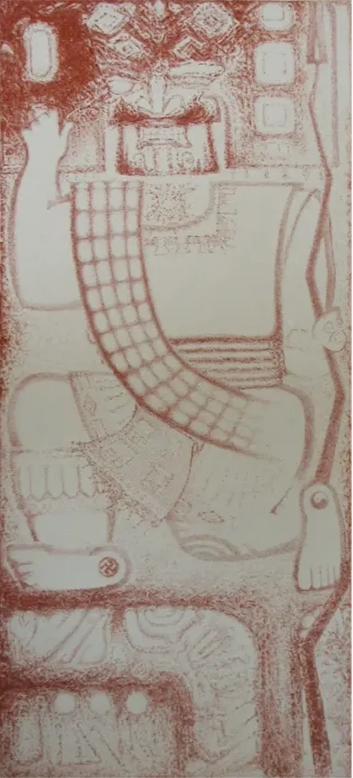 Abstract composition in rust and cream tones, achieved through printmaking on paper with geometric and organic forms.