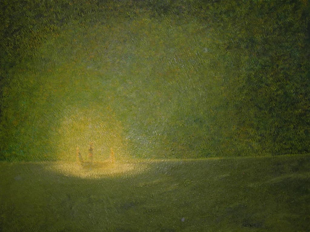 Oil painting of a misty forest clearing with soft golden light filtering through dense woodland.