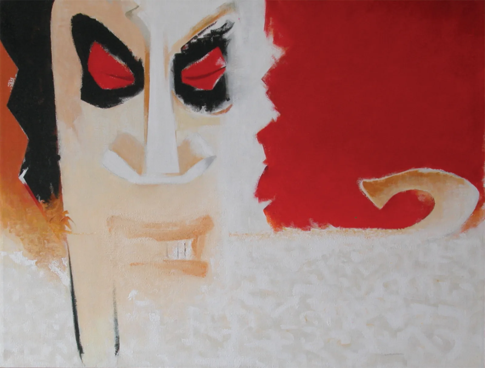 Abstract expressionist face study with gestural marks in Mexican red, old brick, and cloudy tones on canvas.