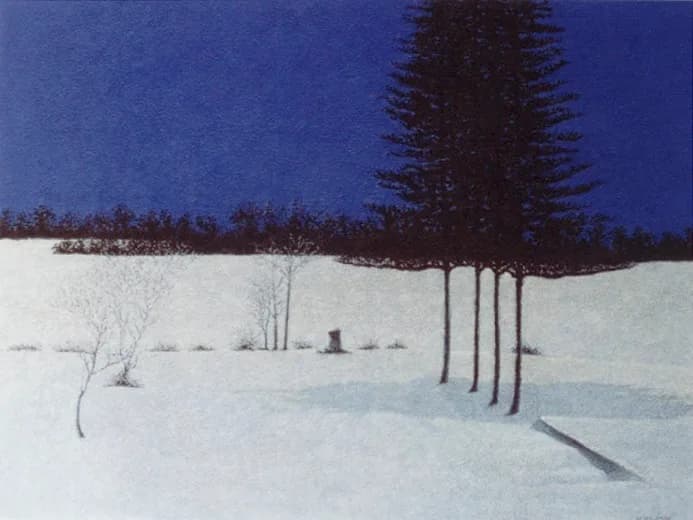 Winter landscape with silhouetted evergreens and snow under a deep sapphire twilight sky.