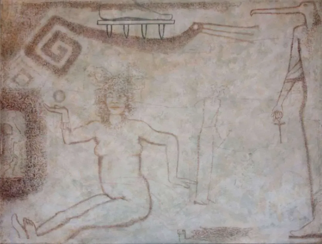 Seated female figure with draped garments rendered in brown ink on almond paper with architectural elements.