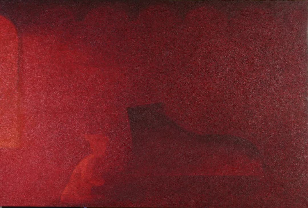 Abstract composition in maroon, stiletto red, and cocoa bean tones with gestural brushwork and atmospheric layering.