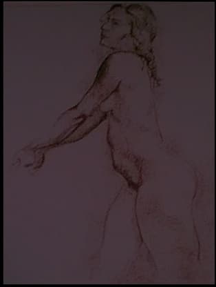 Ink line drawing of a standing female figure in classical pose against a dusty gray background.