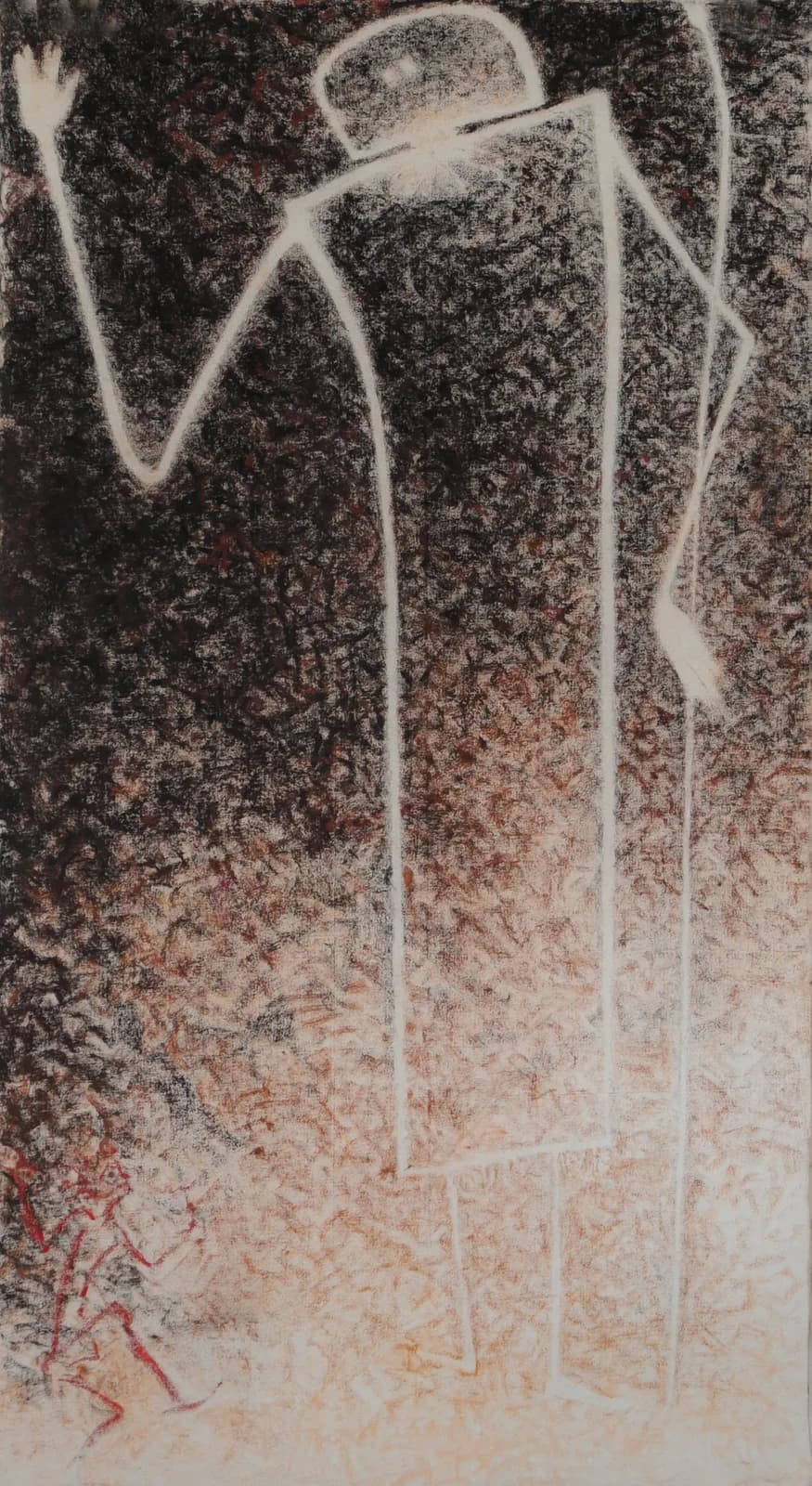 Minimalist ink figure with flowing lines rendered in white and cream tones over a dark, textured ground.
