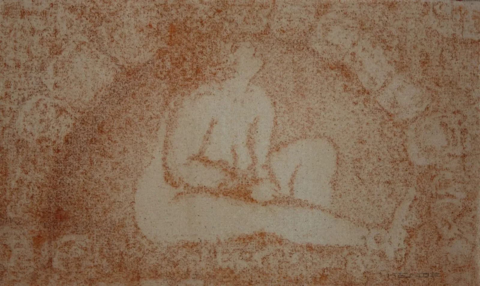 Charcoal portrait of a reclining figure rendered in warm brown and pale oyster tones.