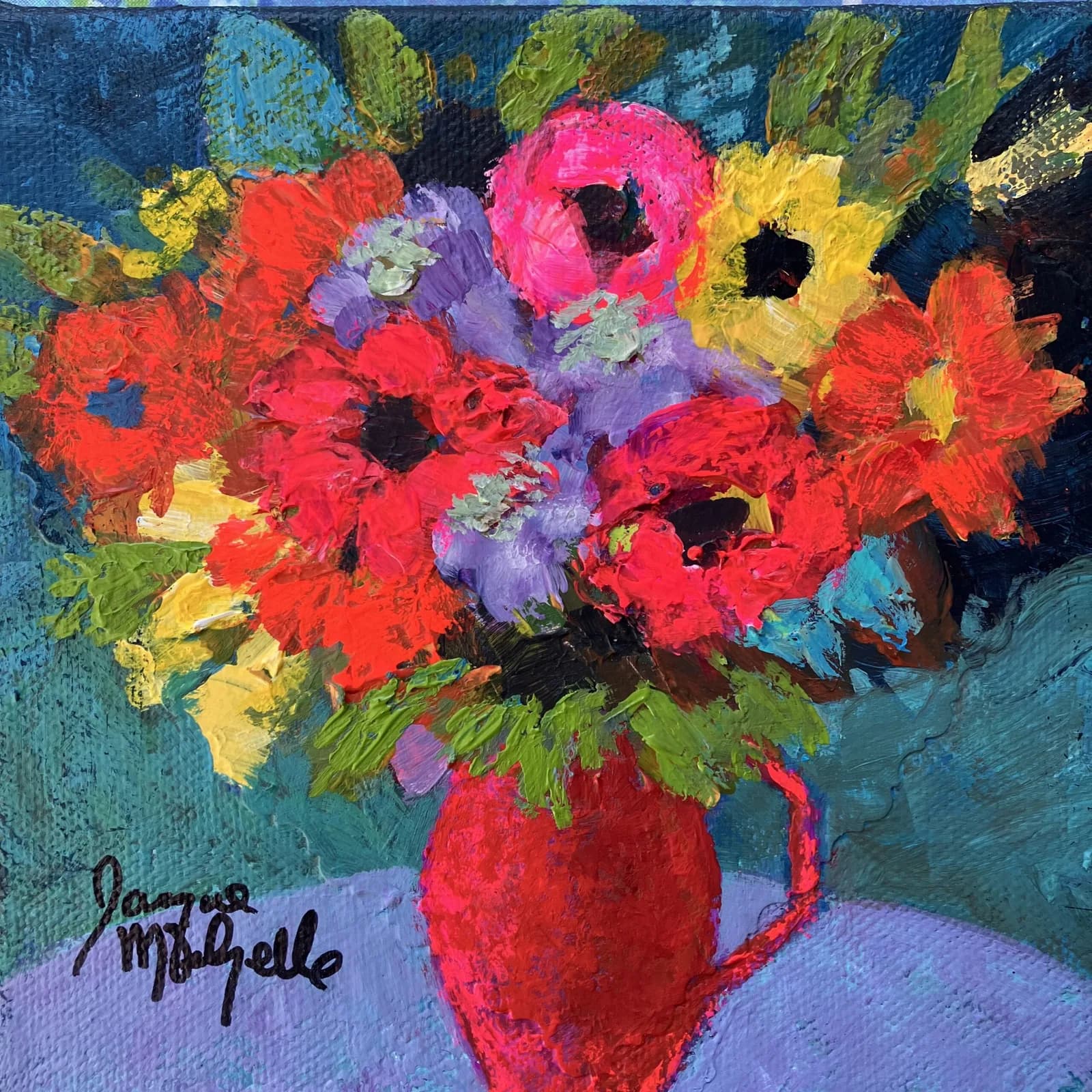 A vibrant floral arrangement of red and pink blooms in a red vase, rendered in loose acrylic brushstrokes against a blue background.
