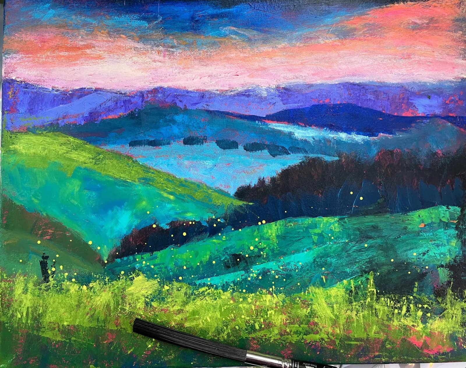Layered mountain landscape with rolling green hills and azure sky at sunset, rendered in impressionistic acrylic.