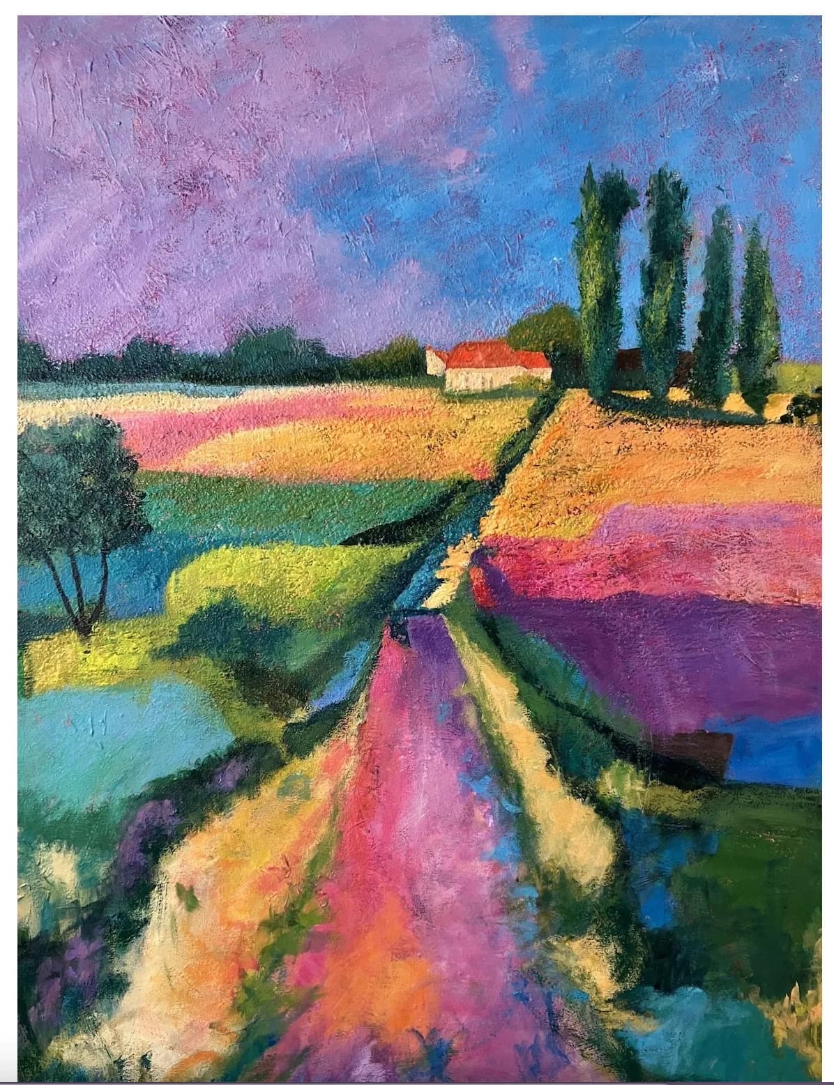 Oil painting of a rural landscape with a winding path through vibrant fields and cypress trees.