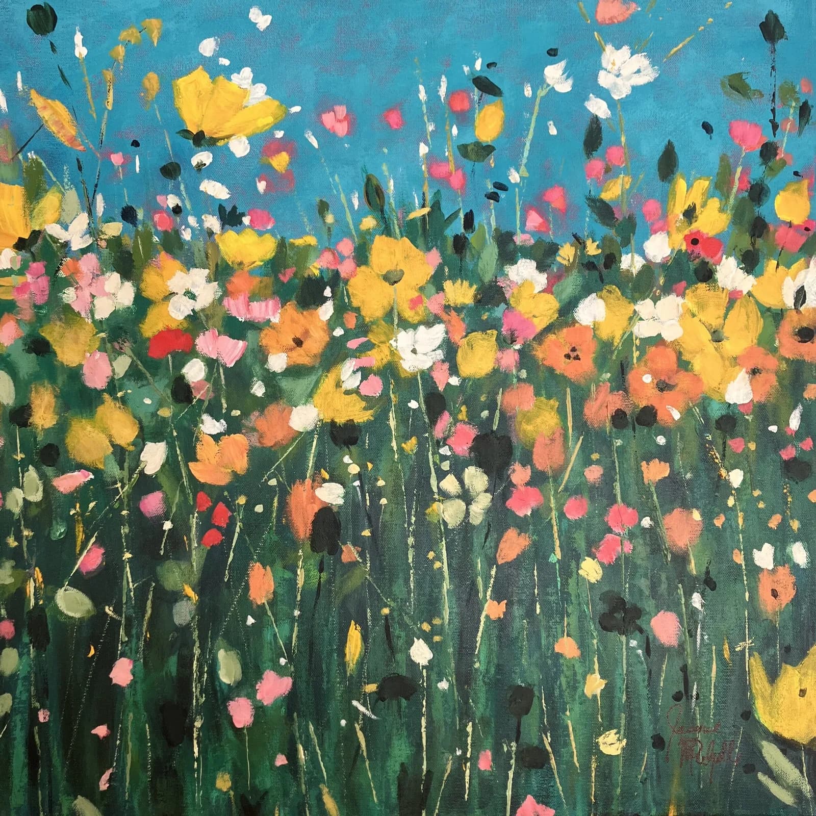 Impressionist wildflower meadow in yellows, pinks, and whites against a turquoise sky, rendered in loose acrylic brushstrokes.
