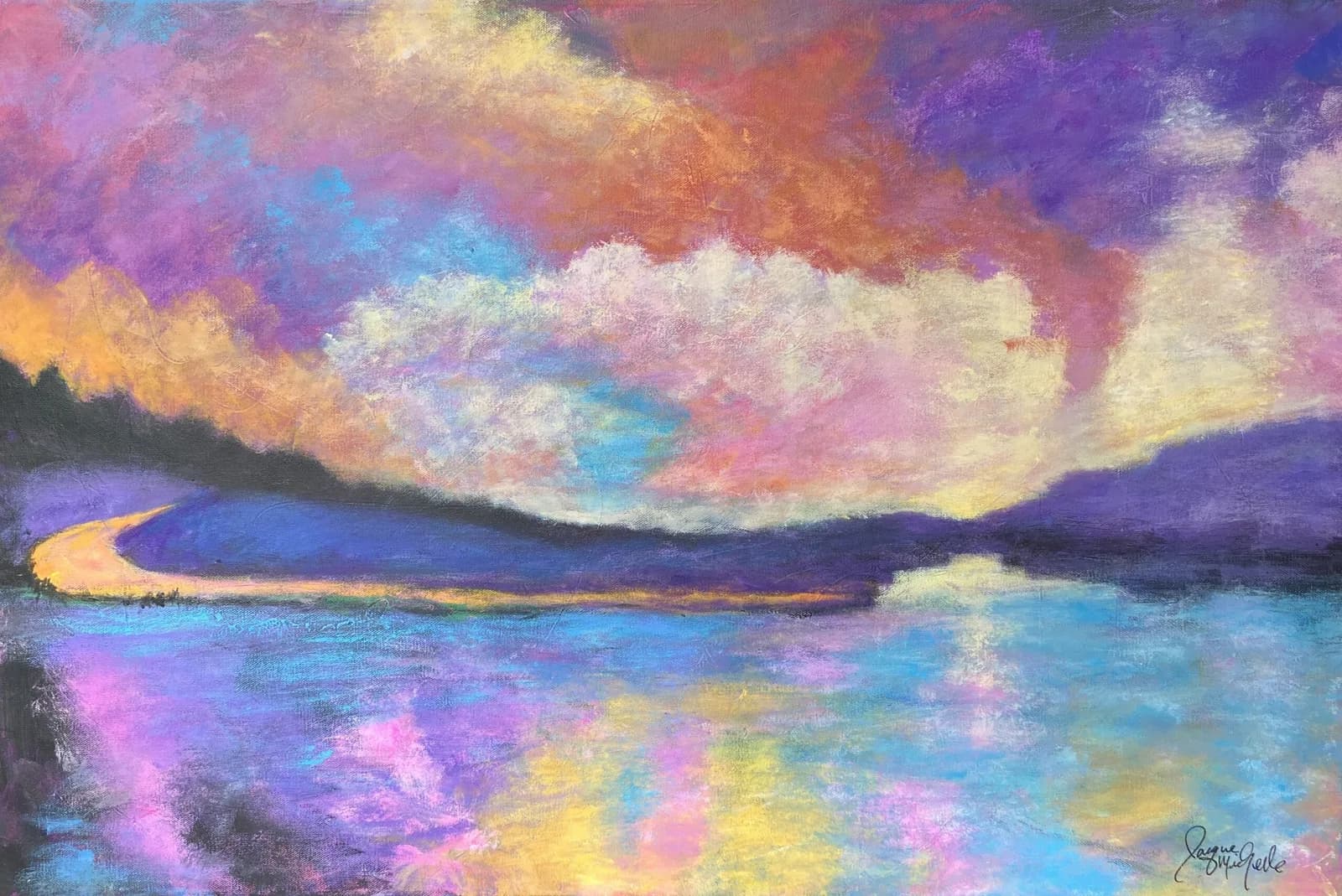 Atmospheric landscape depicting a luminous sunset over water, rendered in acrylic with soft blended hues.