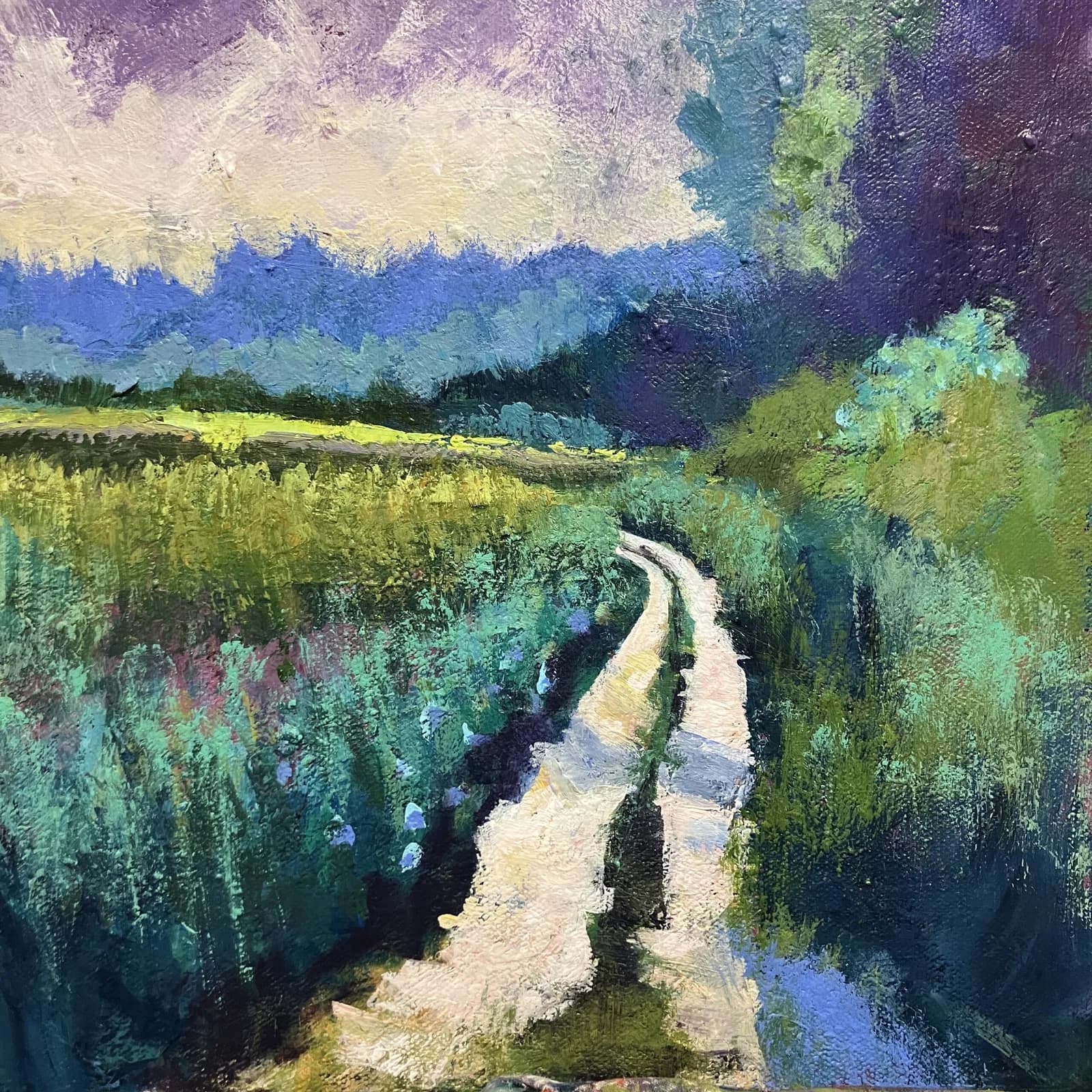 A rural pathway winds through lush green fields beneath a layered sky in acrylic paint.