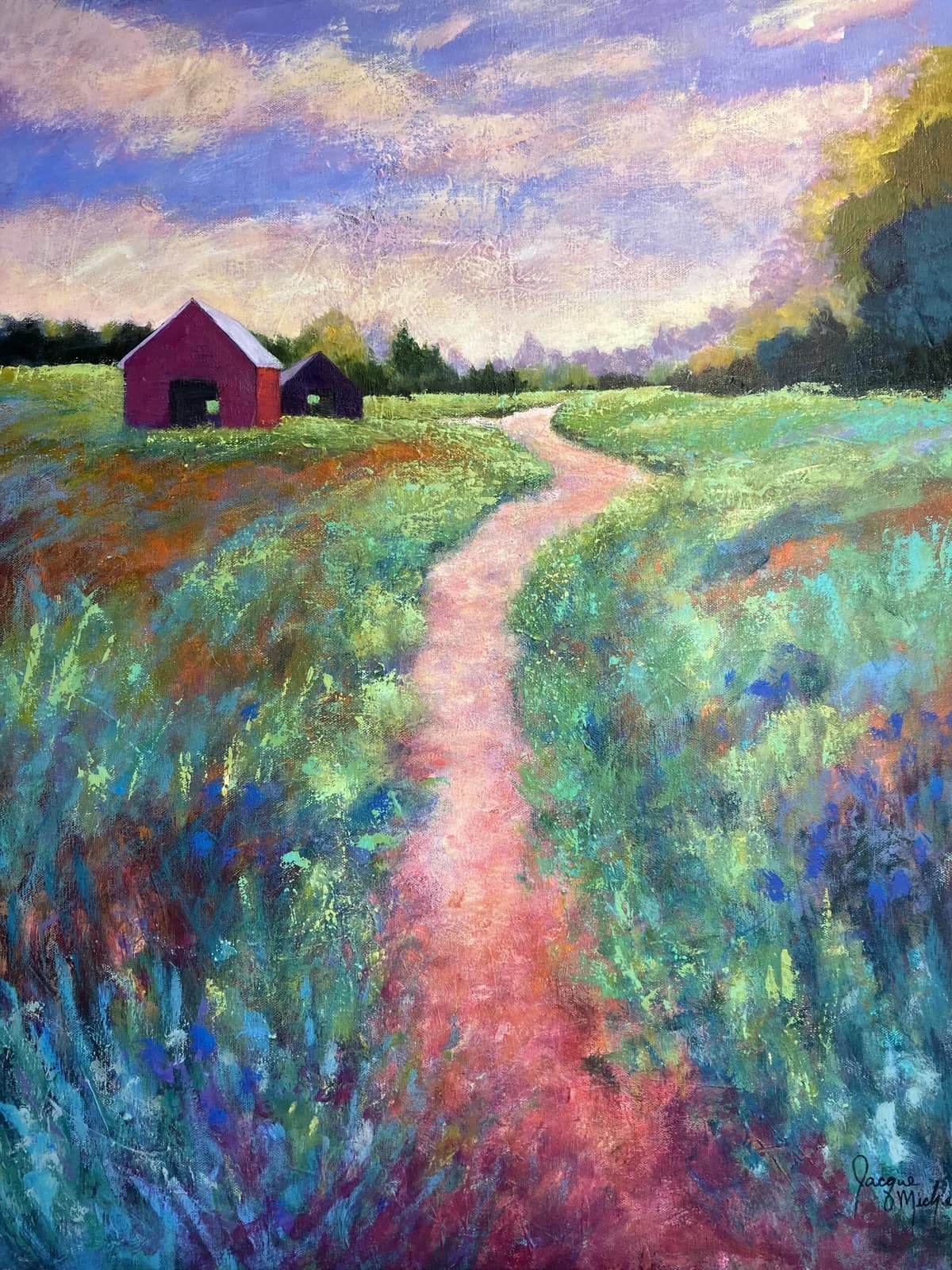 A red barn sits at the edge of a wildflower-filled field with a winding path, rendered in oil with Impressionist brushwork.