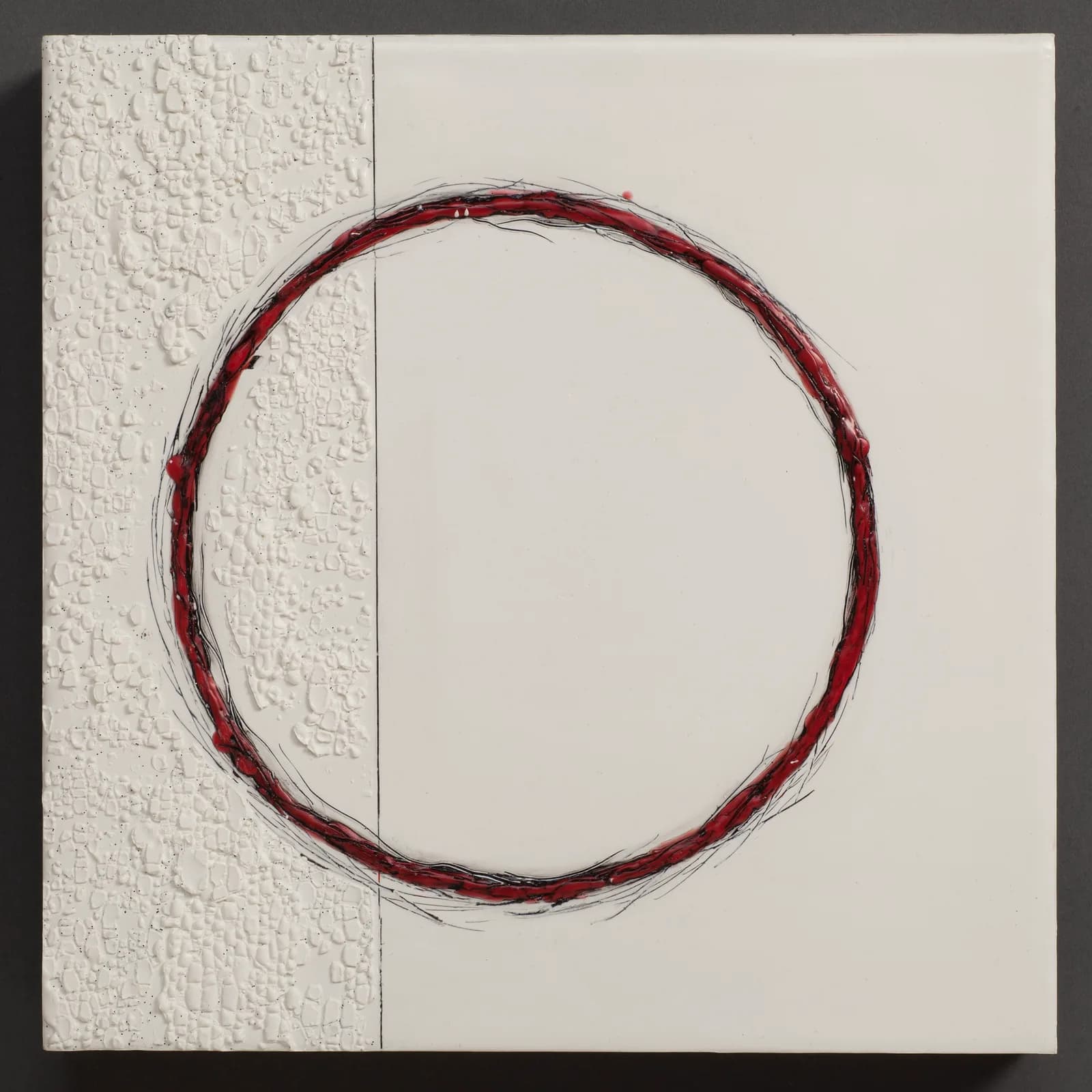 A minimalist mixed-media composition featuring a hand-drawn red circle on textured white paper and canvas.
