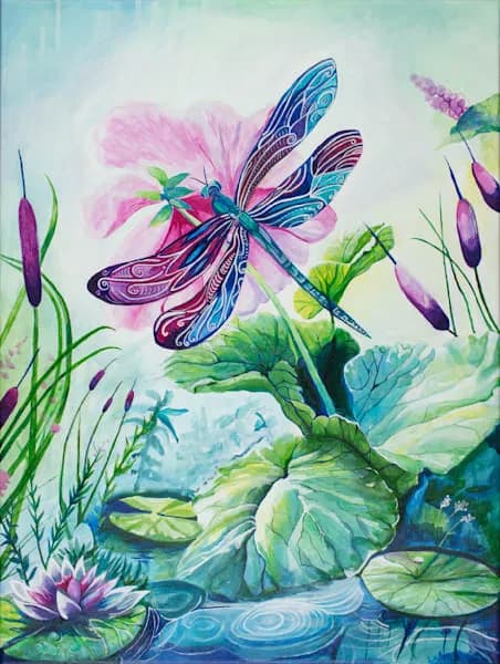A watercolor painting of a blue dragonfly hovering over pink flowers and water lily pads.