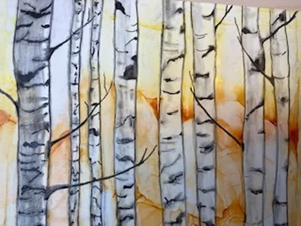 White birch or aspen trees with dark trunks against a warm, golden sunset landscape rendered in watercolor.