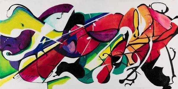 Abstract ink drawing with flowing organic forms in shiraz, wattle, and spicy pink on white ground.