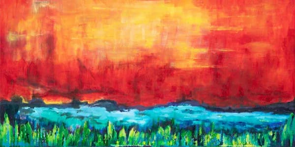 Abstract landscape painting with fiery orange-red sky, turquoise horizon, and fern-green vegetation.
