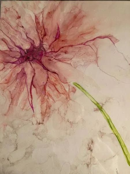 A pink flower with delicate petals rendered in watercolor with a green stem.