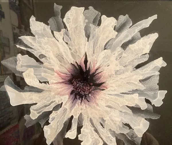 White flower with purple-dark center and layered petals rendered in acrylic paint.