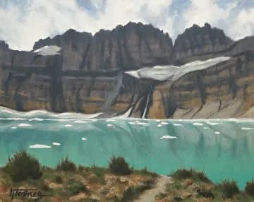 Turquoise alpine lake beneath gray rocky peaks and white glacier, oil painting.
