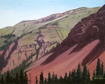 Oil painting of the Boulder Flatirons with red sandstone slopes and coniferous forest foreground.