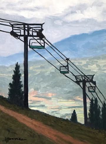 A ski lift structure silhouetted against a vast alpine valley landscape in oil paint.