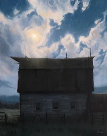An abandoned wooden farmhouse beneath a dramatic moonlit sky with storm clouds.