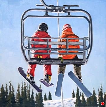 Two skiers in red and orange gear ascend a snowy slope on a chairlift above forested terrain.