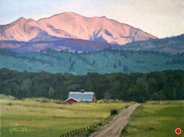 Oil painting of a red barn in a grassy meadow beneath the Boulder Flatirons at sunrise.