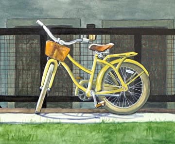 A bright yellow bicycle with brown saddle and basket leans against a blue-gray building storefront.