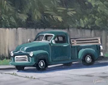 Turquoise vintage pickup truck parked on concrete, rendered in oil with crisp detail and shadow.