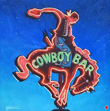 A bucking cowboy rodeo figure in neon red and green against a Picton blue starry sky.