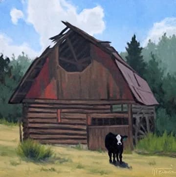 A weathered log barn with a sagging roof stands beside a black horse in a mountain valley landscape.
