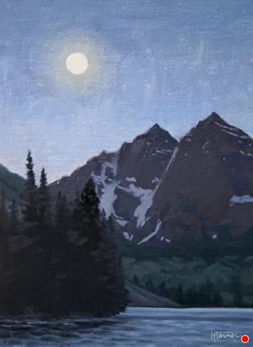 Moonlit alpine landscape with tilted snowy peaks and evergreens reflected in a still lake, rendered in oil.
