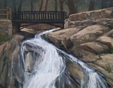 Oil painting of a cascading waterfall flowing over rocks beneath a wooden bridge.