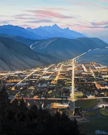 Aerial oil painting of Boulder valley at dusk with the Flatirons rising beyond.