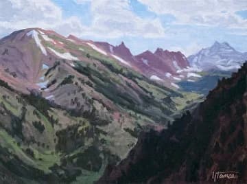 Oil painting of the Boulder Flatirons' steeply angled slopes descending into a verdant valley beneath a periwinkle-gray sky.