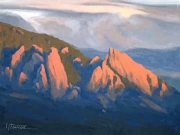 Oil painting of the Boulder Flatirons at sunrise, illuminated in warm apricot and toast tones against a cool blue valley.