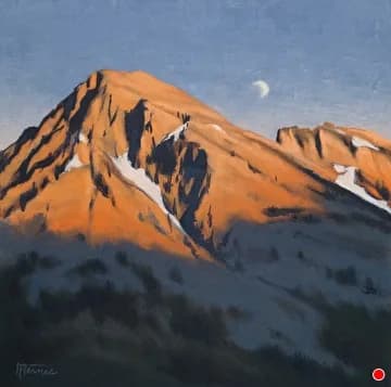 The Boulder Flatirons at sunrise glow in raw sienna and cape palliser tones, with snow patches and a moon above.