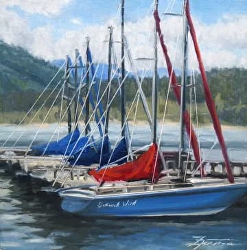 Blue and red sailboats moored in calm harbor waters, rendered in oil with forested shoreline.