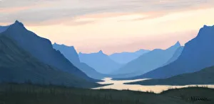 Mountain valley landscape with alpine lake at dawn, rendered in layered blues and earth tones.