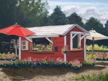 A red cottage with flower garden, flanked by Roman and Lotus umbrellas under a cloudy sky.