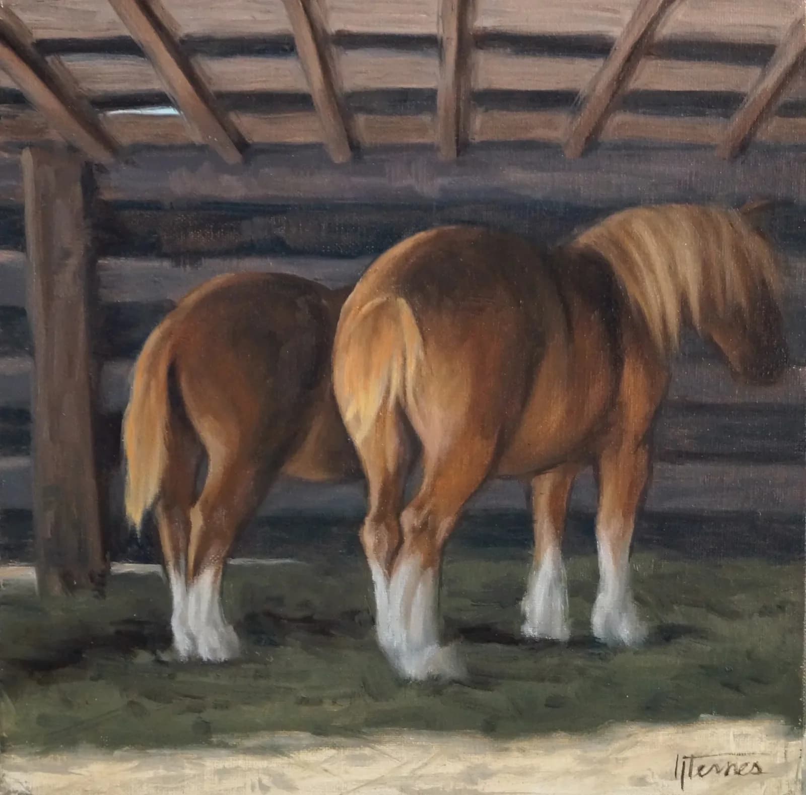 Two brown and white horses stand in a wooden stable beneath a beamed roof.