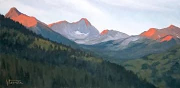 Oil painting of an alpine mountain landscape with forested valleys and warm sunrise light on distant peaks.