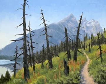 Oil painting of a mountain lake landscape with the Boulder Flatirons, dead timber, and an alpine meadow.