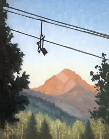 Oil painting of the Boulder Flatirons at sunrise, framed by aspen trees and power lines.