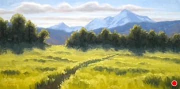 Oil painting of a spring meadow with aspen trees beneath snow-capped Boulder Flatirons.