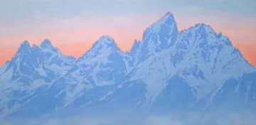 Snow-covered alpine peaks at dawn rendered in oil with pink and blue tones.